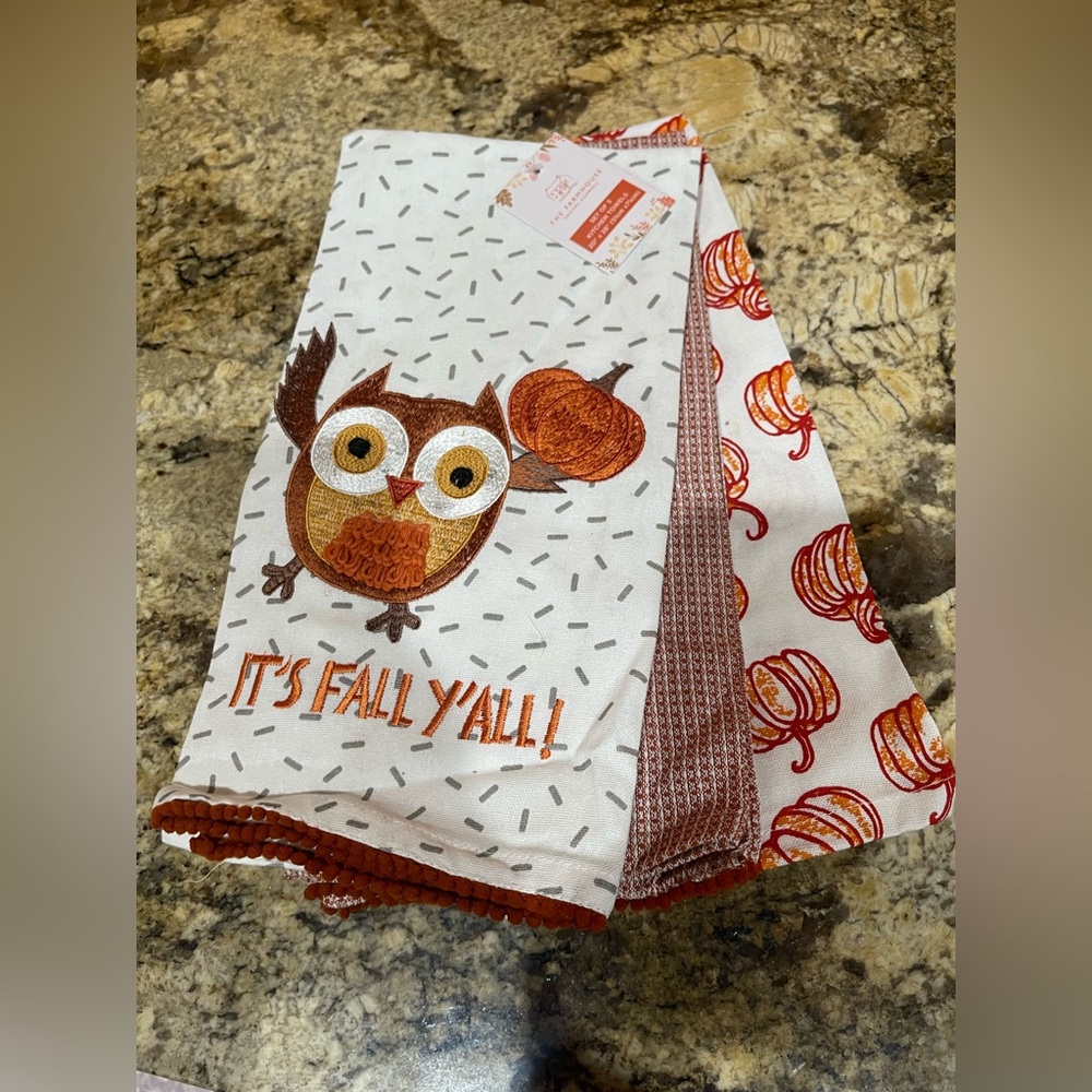 The Farnhouse Fall Kitchen towel trio. “IT’S FALL Y’All” embroidered owl - NEW!